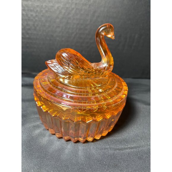 Opalescent Jeanette Glass Swan Covered Candy Powder Dish Carnival Glass 5” - Picture 7 of 8